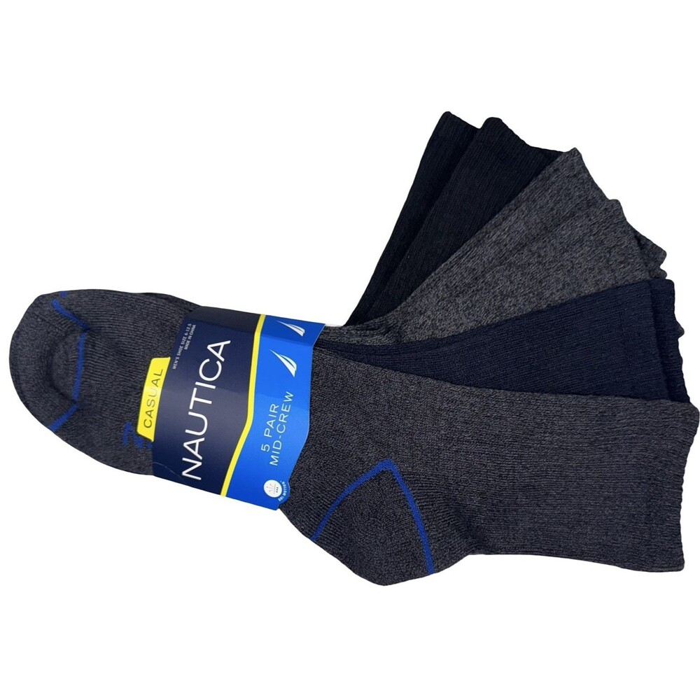 Nautica Mens Size 6-12.5 Mid-Crew Socks 5-Pairs Dri-Motion Active Stretch New